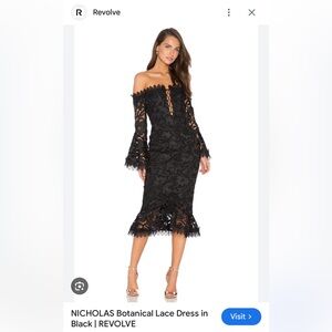 Revolve Nicholas Botanical Corset Lace Flare Sleeve Midi Black Dress Size 0